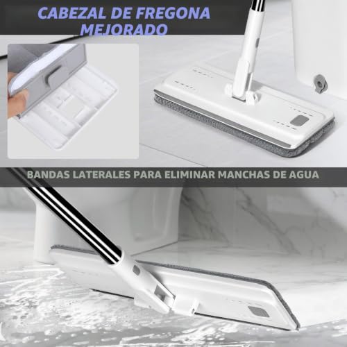 Miniatura 5 de Masthome Juego De Fregona Y Cubo, Fregona Plana Profesional Con Mango De Acero Inoxidable Y 4 Paños De Repuesto De Microfibra Para Suelos De Madera, Laminado, Baldosas Y Mármol, Blanco Gris
