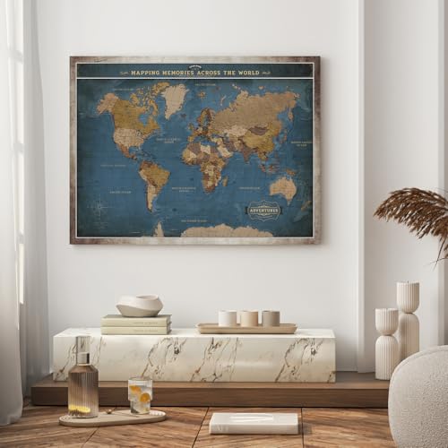 Image of DECORARTS - Oversized World Travel Map with Pins, Pin Board Canvas Wall Art, Extra Large Navy Blue Maps for Wall, Giclee Print, Handcrafted in USA, 40x30''