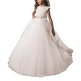 Fancy Flower Girl Dress Satin Lace Pageant Ball Gown (4, Ivory)