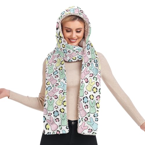 Bonnet d'hiver à capuche 3 en 1 pour femme écharpe et gants intégrés imprimé léopard coloré