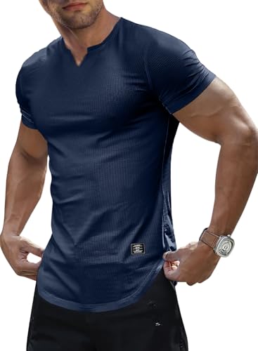 Meilicloth Mens V Neck Henley Shirt Sports T Shirt Gym Slim Fit Short Sleeve Sportswear Casual Tee Shirts Summer Fitness Muscle Top Navy Blue