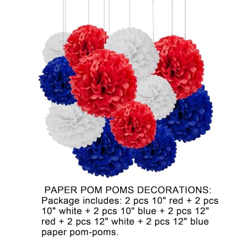 Image of Aimto 12pcs Red,White and Blue Paper Pom Poms Decorations for Party Ceiling Wall Hanging Tissue Flowers Decorations - 3 Colors of 12 Inch, 10 Inch