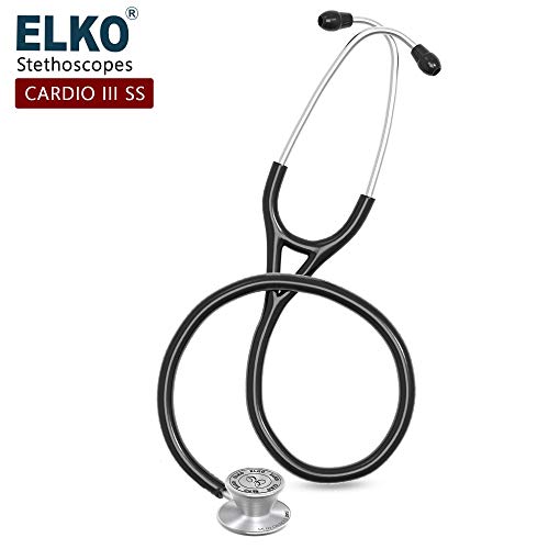 Image of ELKO EL-060 CARDIO III SS Stainless Steel Acoustic Stethoscope | Two-Way PVC Tubing | Double Sided Chestpiece For Adult & Pediatric Patient | Doctors & Medical Students (Black)
