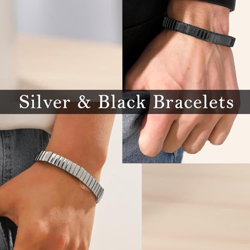 Image of VAMA Silver Black Stainless Steel Stretchable Elastic Bracelets Casual Formal Silver Stretch Link Wristband Hand Bracelet for Men Boy's