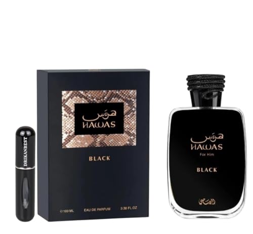 Perfume Hawas For Him Black 100ML – Eau de Parfum Árabe para Hombre de Larga Duración con Notas de Piña, Patchouli y Musgo de Roble – Incluye Atomizador Recargable Drikanbest 5ML