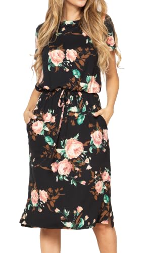 Image of Simier Fariry Womens Summer Hide Belly Knee Length Travel Dress Pocket Short Sleeve Midi Work Casual Outfits