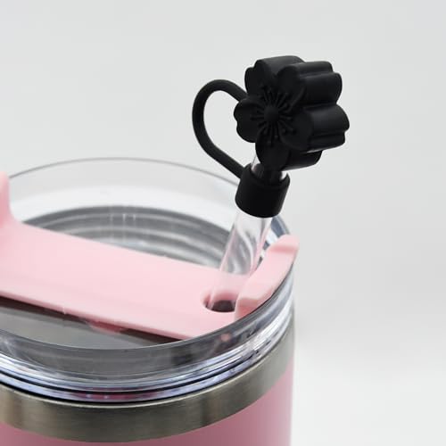 Image of Flower Silicone Straw Cover Cap for Stanley Cup,Straw Topper 10mm 0.4in Dust-Proof Reusable Straw Tips Lids,Straw Tip Covers Gift for Party Decor (Black Cherry blossom 4pcs)