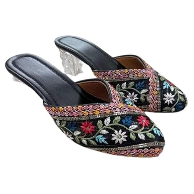Embroidered Floral Mules with Clear Block Heel, Black Multi-Color, Pointed Toe-picture-40