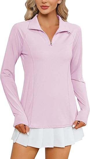 IECCP Hemd Damen Sommer Shirts 1/4 Reißverschluss mit Tasche Lange Sportshirt Golfhemd Wandershirt Rashguard Sonnenschutz Shirt Rosa L