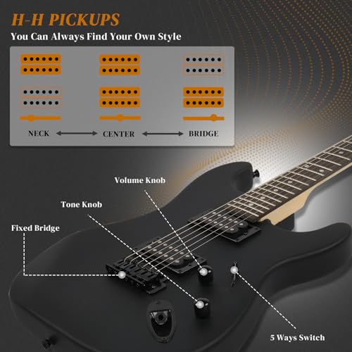 Image of Ktaxon 39 Inch Solid Body Electric Guitar with H-H Pickup, Matte Black | 6 Strings Guitarra Electrica with Gig Bag, Strap, Whammy Bar, Maple Neck for Beginners & Musicians, Rock Metal, Right Hand