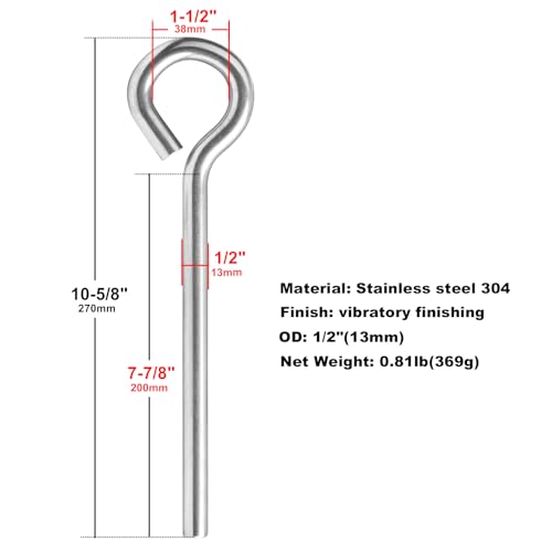 Image of heneng 4 Pcs Eye Rod Anchor Eye Bolt, Diameters 1 /2 inch, Overall Length 10-5 /8 inch, Drop-in Concrete Anchors