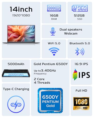 Image of Laptop 16GB RAM 512GB SSD, Portable Lightweight Laptops with Pentium Gold 6500Y, 14 Inch FHD IPS Screen, USB 3.2, USB-C, HDMI, TF Card Slot, PC Laptop Computer Good for Business and Student