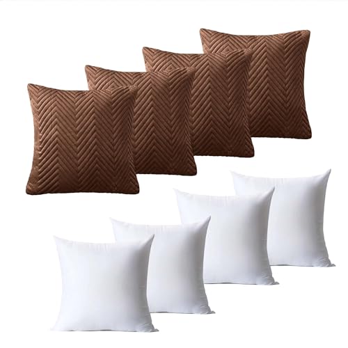 BedLooms Cushions with Covers Included 45 x 45 cm Set of 8 (4 Coffee Cushion Covers, 4 Cushion Inserts) Ultrasonic Square Throw Pillow Cases Decorative Sofa Cushion with Invisible Zipper