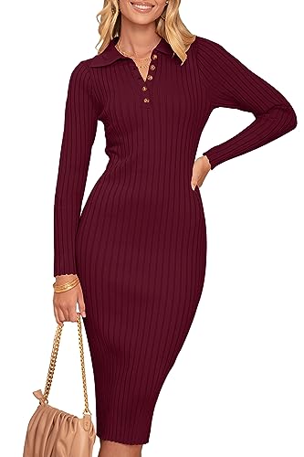 MEROKEETY Womens 2025 V Neck Ribbed Sweater Dress Long Sleeve Bodycon Knit Midi Dresses