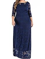 QUECY® Women's Plus Size Lace Dress 3/4 Sleeve Bridesmaid Wedding Evening Gown Formal Cocktail Party Long Maxi Dresses-Blue-3XL
