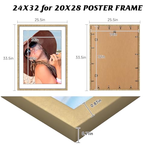 Image of HLiWEGNS Matte Gold 24x32 Frame Set of 3 - Vintage 24 x 32 Poster Frame for Pictures 20x28 with Mat or 24x32 Picture Frame Without Mat for Wall Gallery Display - Ideal Christmas Day
