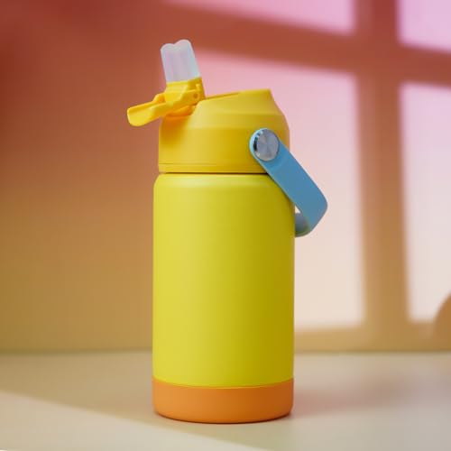 Image of BJPKPK Insulated Water Bottle with Straw Lid, 12oz Thermo Water Bottles with Soft Nozzle, Flex Handle & Non-slip Boot, BPA Free Leak Proof Stainless Steel Metal Thermo, Tumblers, Cups,Yellow