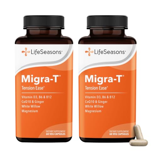 LifeSeasons Migra-T Tension Ease – Headache & Migraine Support Supplement with Feverfew, White Willow, Magnesium, CoQ10 & Ginger – Tension, Light Sensitivity & Nervous System - 90 Capsules (2-Pack)
