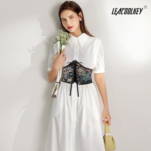 LEACOOLKEY Women Floral Corset Belt Lace-up Tied Waspie Wide Waist Belt Renaissance Costume Corset Belt4