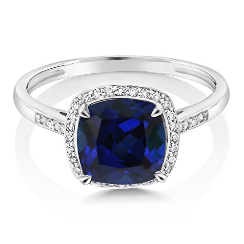 Gem Stone King 10K White Gold Blue Created Sapphire And Accent Diamond Engagement Ring For Women (2.50 Cttw, Cushion 8Mm, Available In Size 5, 6, 7, 8, 9) #TOP1