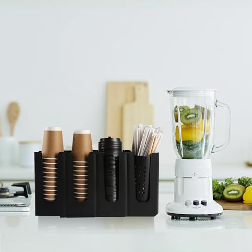 Cairondin Paper Cup and Lid Holder with Straw Organizer, Disposable Coffee Cup Dispenser for Countertop Coffee Station Bar Restaurant Breakroom, Black