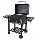 Fengzel Outdoor バーベキューコンロ フルクローズ 合金鋼焼き網 焼き、燻製、蒸し、炒め4in1 折り畳み 両サイドテーブル付き キャスター追加 四角タイプ BBQ バーベキューグリル (黒(ファミリー用))