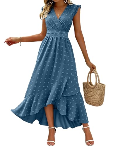 HUXRAKV Summer Wrap Dresses for Women UK Ladies V Neck Ruffle Sleeve Maxi Wedding Party Dress Ruched Waist Boho Beachdress,Blue,S