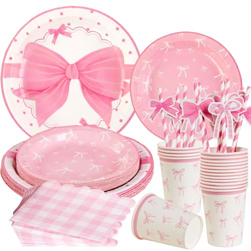 SUNBEAUTY Lot de 80 assiettes en carton rose avec nœud mignon, pour anniversaire de fille, avec gobelets, serviettes, pailles, parfait pour mariage, jardin,...