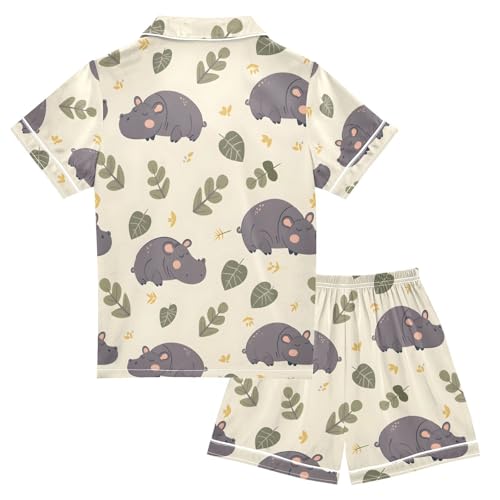 ALAZA Cute Hippo Leaves Pajamas Satin Pajama Set Short Sleeve Button Down Sleepwear2