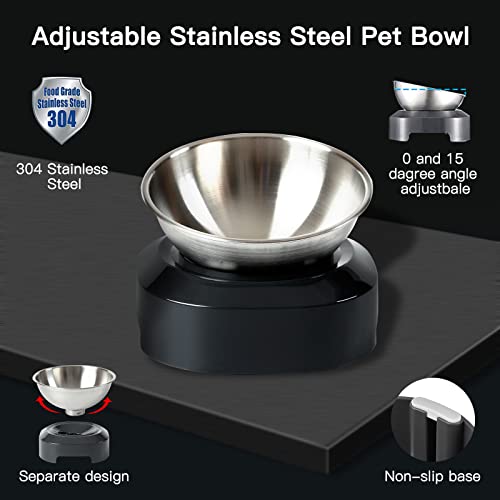 Pewingo Cat Bowl With Stainless Steel, Non-Slip Silicone Mat Cat Feeder With 0 &15° Tilting Neck Protective Bowl For Pets, Cats Food Or Water Feeding-Single Bowl #TOP4