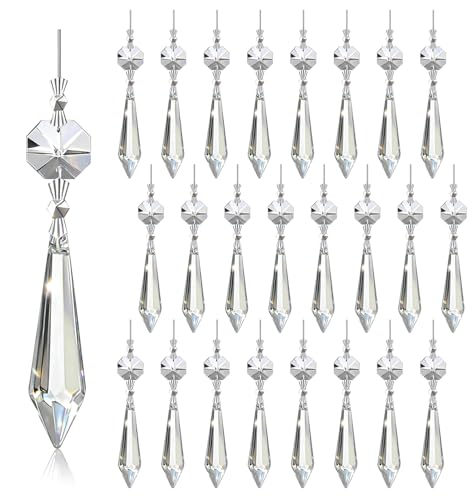 H&D Hyaline&Dora 25pcs 55mm Crystal Replacement Clear Chandelier Icicle Prisms with Octagon Crystal Bead for Lamp Decoration