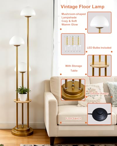 Image of Lightdot Gold Dimmable Floor Lamp with Table, Modern Floor Lamps with Mushroom Shades & Bulbs, 3000K Warm Lights Tall Standing Lamp for Living Room /Bedroom /Office /Sofa Beside /Corner Decor