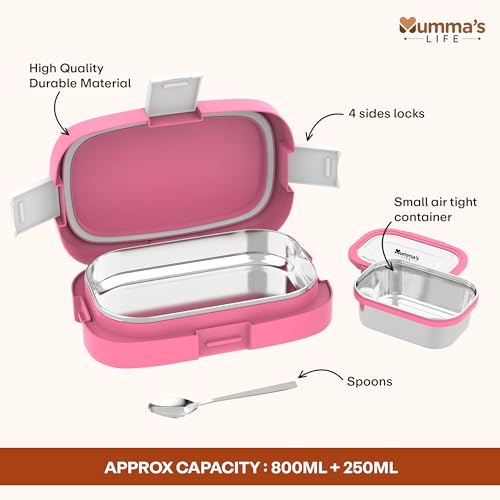 Image of Mumma's LIFE Stainless Steel Tiffin Box with 4 Side Lock Lid, 910 ml and Inner Stainless Steel Container, 135 ml, Food Grade | Air Tight | Easy to Carry | Leak Proof (Tuntun Lunch Box Pink)