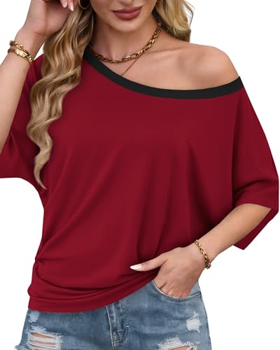 Image of Hilinker Womens Sexy Off The Shoulder Tops Short Batwing Sleeve T Shirt Oversized Casual Tee