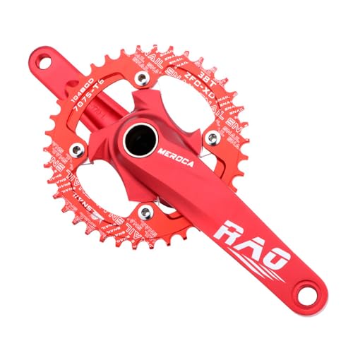 Meteorolite 170mm Mountain Bike Crankset, Hollow Integrated Crankset Black/Red Aluminum Alloy Bike Crankset with 104BCD 32T/34T/36T/38T Round Chainring, Replacement for Bicycle Crank Arm Set