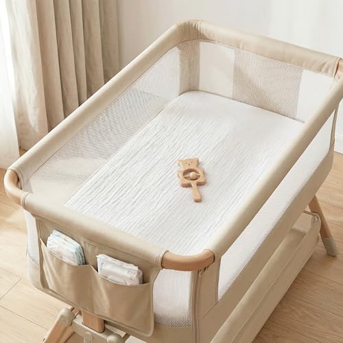 Image of Muslin Bassinet Sheet Compatible with Maxi-Cosi Iora & Iora Air Bedside Sleeper - 100% Cotton Rectangular Mattress Pad Cover (33 inchx20 inch), Breathable & Soft, Boho (1 Pack White)