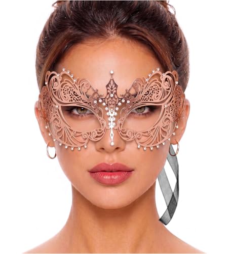 Image of Masquerade Mask for Women with Rhinestones - Elegant Metal Half Face Mask for Masquerade Parties, Mardi Gras, & Themed Events
