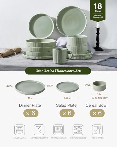 Image of Famiware Star 18-Piece Reactive Glaze Plates and Bowls Sets, Service for 6 - Stoneware Dinnerware Set, Modern Rustic Ribbed Dishes, Chip /Scratch Resistant, Microwave /Dishwasher Safe, Matte Sage Green