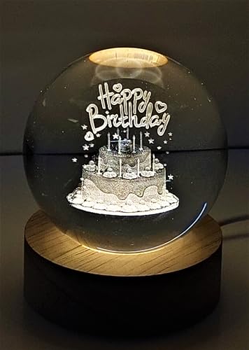 Image of 3D Happy Birthday Crystal Ball USB LED Night Light, 6 Cm Glass Ball Night Lamp With Woodern Base, Decorations Gifts For Men & Women Meditation Or Relaxation