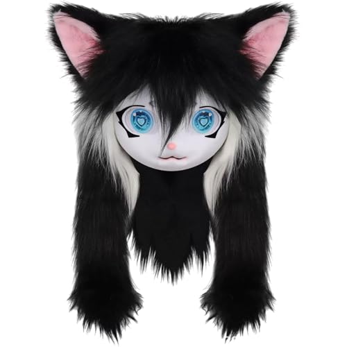 Masque de costume d'animal en fourrure complète avec grands yeux et cheveux longs pour Halloween