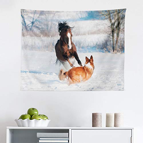 Lunarable Horse Tapestry, Welsh Pony and Border Collie Dog Playing in Winter Snow Covered Field, Fabric Wall Hanging Decor for Bedroom Living Room Dorm, 28' X 23', White Brown and Orange