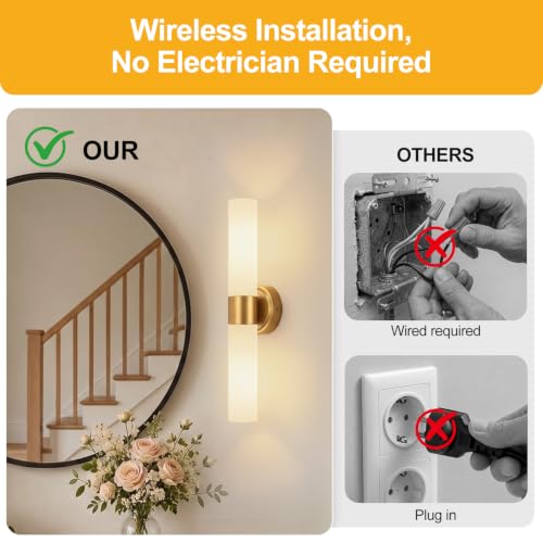 Image of Battery Operated Wall Sconce Set of Two, Modern Brushed Gold Wall Lighting with Milky White Glass, Wireless Wall Sconces with Remote Control