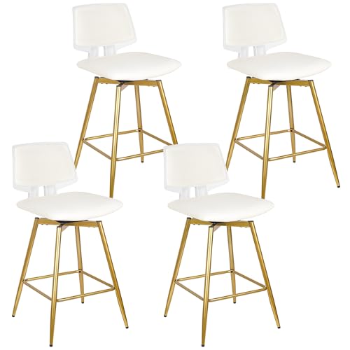 Butacos giratorios tapizados VECELO, altura de barra, con respaldo, patas metálicas, 35,2 pulgadas de alto, para isla de cocina, barra casera o café, color blanco, juego de 4