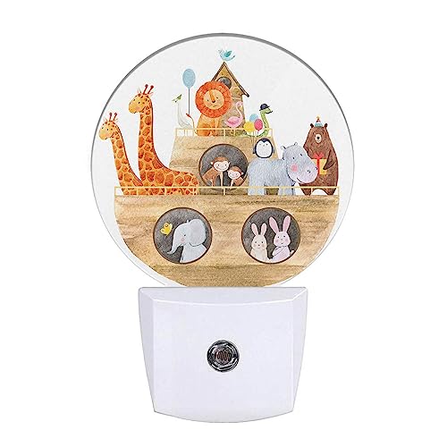 Image of Uanvaha Cute Noah's Ark Night Light Ship with Animals Giraffe Rabbit Elephant Bear Birds Nightlight LED Round Lamp for Boys Girls