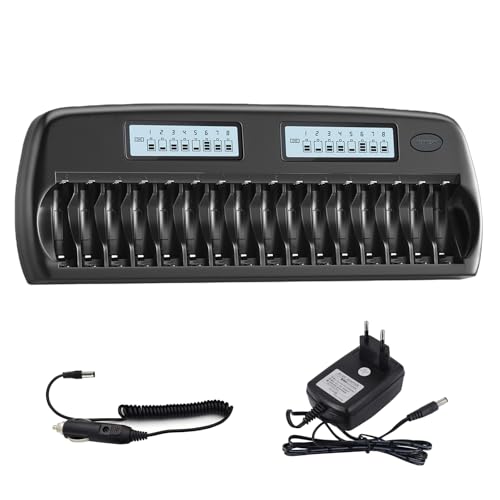CITYORK Cargador de batería LCD de 16 Ranuras para AA AAA Ni-MH Ni-CD Pilas Recargables con Carga Inteligente e Independiente