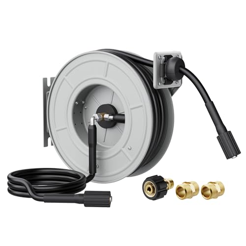 Image of Giraffe Tools Retractable Pressure Washer Hose Reel, Wall-Mounted, 65ft Auto-Rewind Hose Storage, 3200 PSI Heavy-Duty Steel