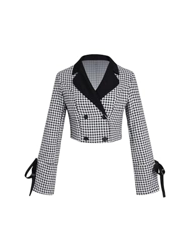WDIRARA Women's Houndstooth Printed Knot Front Double Breasted Long Sleeve Casual Crop Blazers