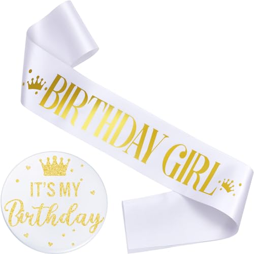 Yaomiao Birthday Sash for Women Birthday Girl Sash Party Decorations and It's My Button Glittery Metal Pin Its My Pin Badge for Party Decoration(White Gold)