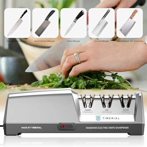 Bild 4 - TIMERIAL Elektrischer Messerschärfer 3-Stufen-Diamantschleifscheibe 15° Präzisions-Winkelführung, zum Schärfen und Polieren von Küchenmessern aus Stahl, 120 Grit und 600 Grit und 1000 Grit
