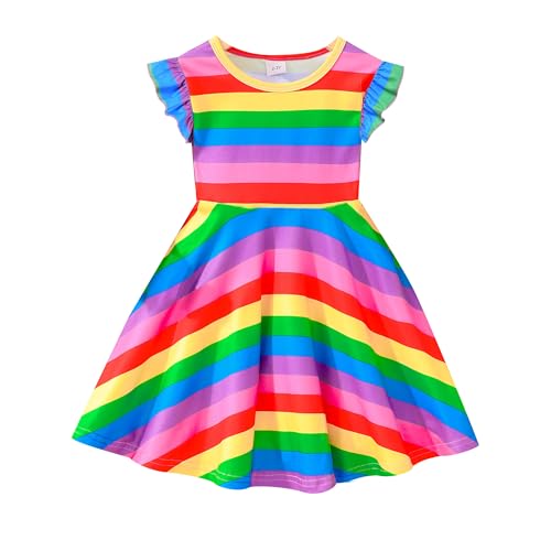 Image of Tkria Toddler Girls Rainbow Dress Striped Fall Dress Cartoon Colourful Long Sleeve Casual Dressy 2-7T